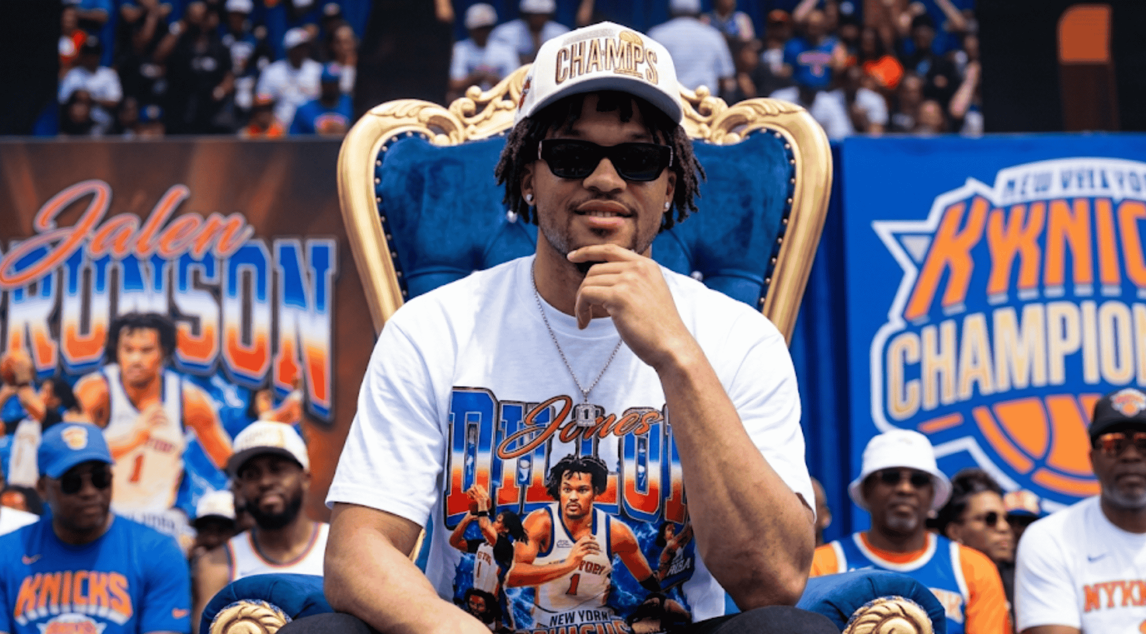 Dillon Jones New York Knicks 2026 Championship Parade white vintage 90s bootleg basketball graphic t-shirt.