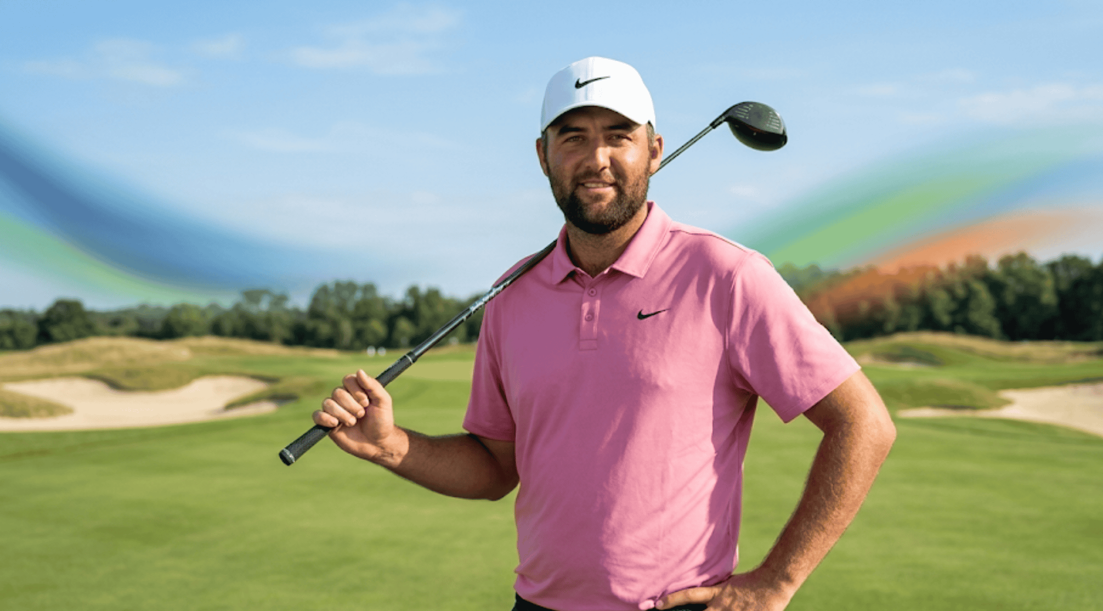 Scottie Scheffler 2026 U.S. Open Championship dusty pink performance golf polo shirt with three-button placket.
