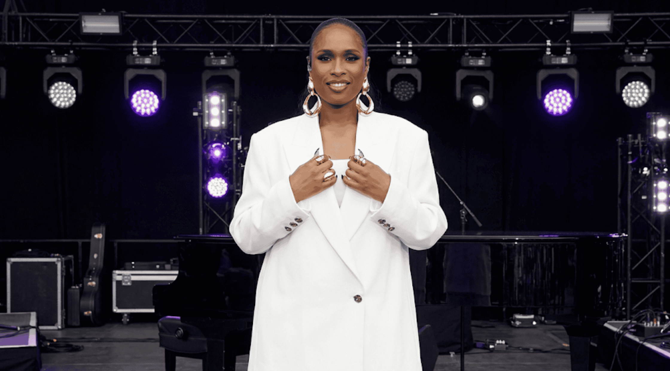 Jennifer Hudson Presidential Center Dedication Ceremony stark-white oversized tailored blazer with wide shawl lapels.