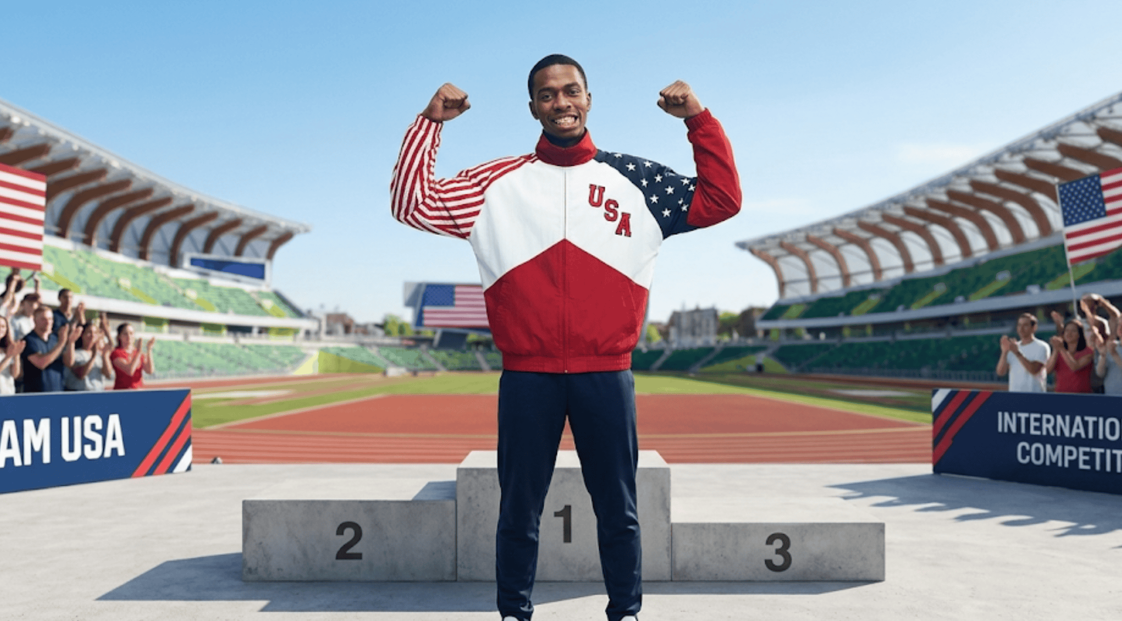 FIFA World Cup 2026 Team USA full-zip track jacket in white with red racing stripes, navy star-patterned shoulder panel, and bold USA chest lettering.